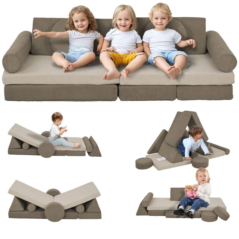 Modular Kids Play Couch, 12 Piece Kids Couch for Playroom Bedroom, Convertible Sofa Lounger for Boys & Girls, Khaki - khaki