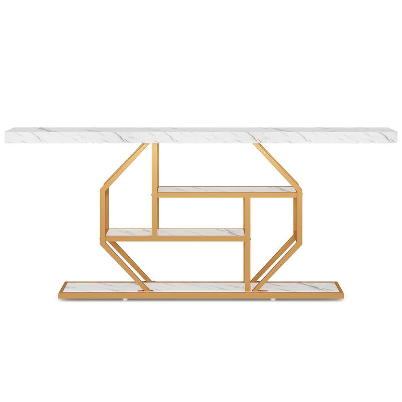 70.9" Extra Long Console Table, Modern Gold Sofa Table Behind Couch with 4-Tier Storage, Faux Marble White Entryway Accent Table