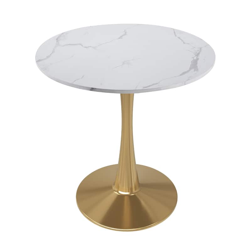 Bristol 31-inch Round Dining Table, Gold Pedestal Base Kitchen Table, Easy-Clean Scratch Resistant Surface, Floor Protectors - Beveled - Marbled White