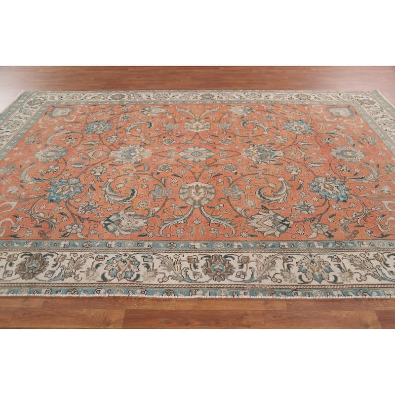 Hand Knotted Oriental 100% Wool Carpet Traditional All-Over Oranges & Rust Tabriz Area Rug - 10' 11'' X 7' 1''