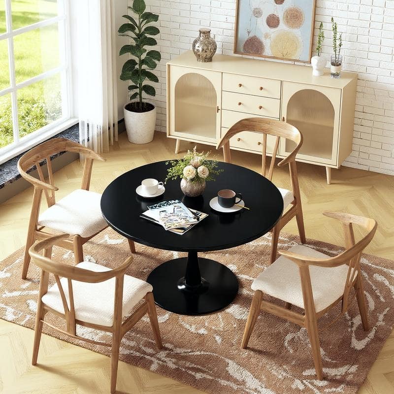 Grondin Mid-Century Modern Round Kitchen or Dining Table with Premium MDF Top and Steel Pedestal Base for Dining Room