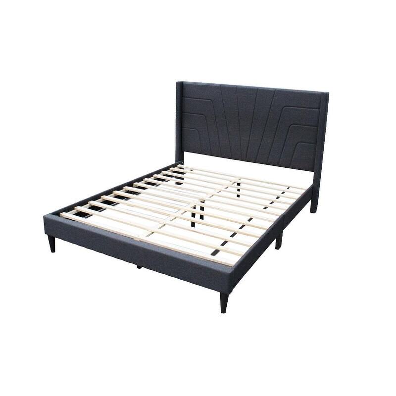 Queen Size Upholstered Platform Bed with Charcoal Burlap Fabric Headboard