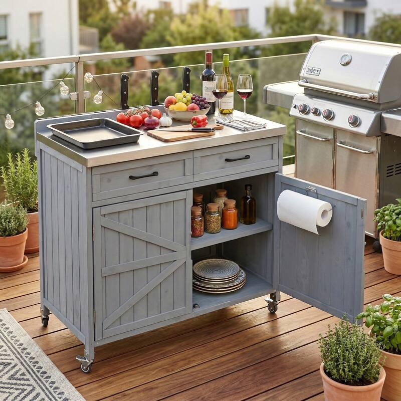 39.4" Outdoor Kitchen Island with Stainless Table Top, One Large Drawer, Adjustable Shelves, Internal Storage Racks & 4 Wheels - Grey+Blue