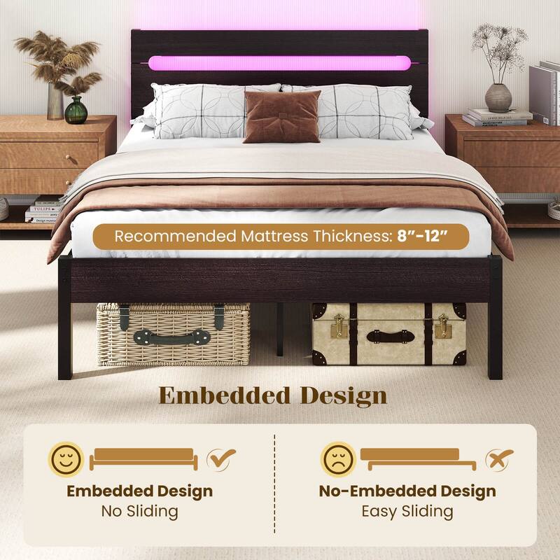 Costway Full Size Bed Frame with Built-in Charging Station Sturdy