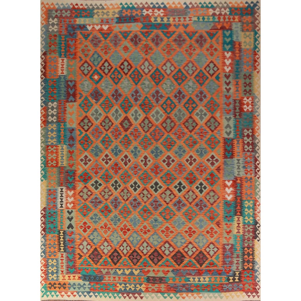 Trellis Orange Kilim Reversible Wool Area Rug Wool Carpet - 9'9"x 12'8"