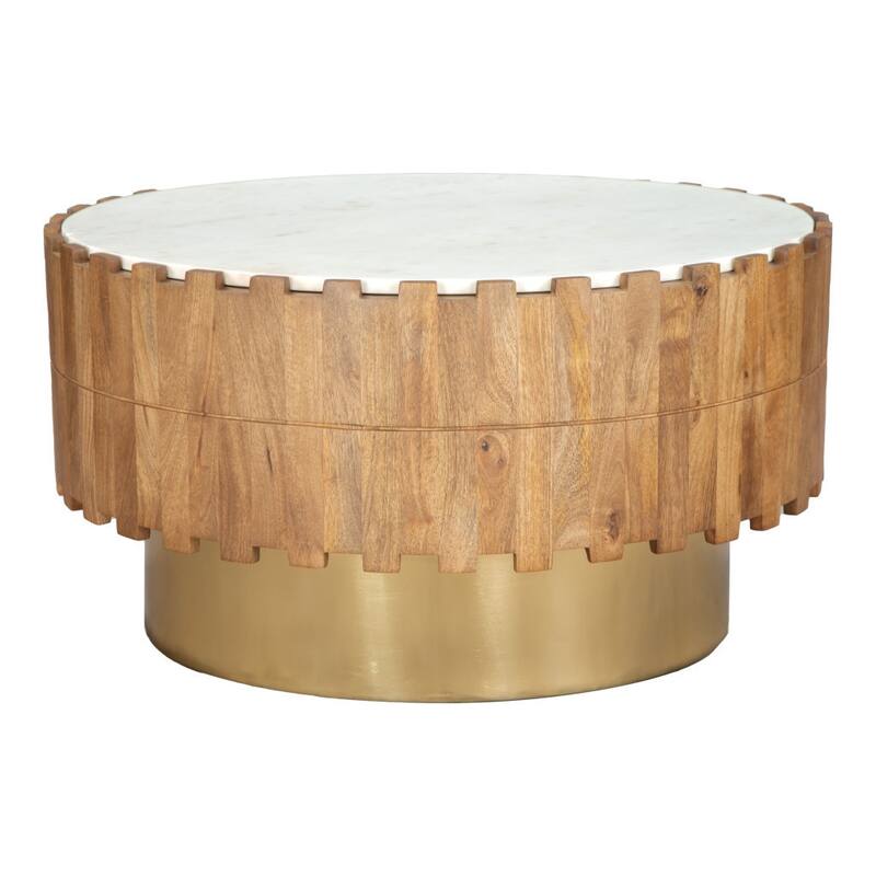 HomeRoots 31" Gold Natural And White Iron Wood And Faux Marble Round Block Coffee Table - 31 in. x 16.1 in. x 31 in.