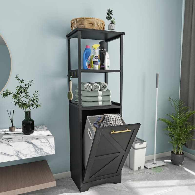 53"H 3-Tier Tilt Out Laundry Hamper Bathroom Storage Shelf Cabinet - Black
