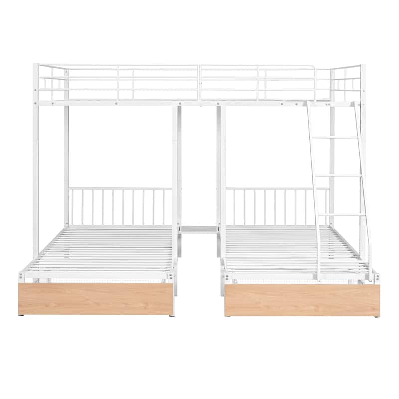 Full Over Twin & Twin Bunk Bed, Metal Triple Bunk Bed with Drawers and Guardrails, Black