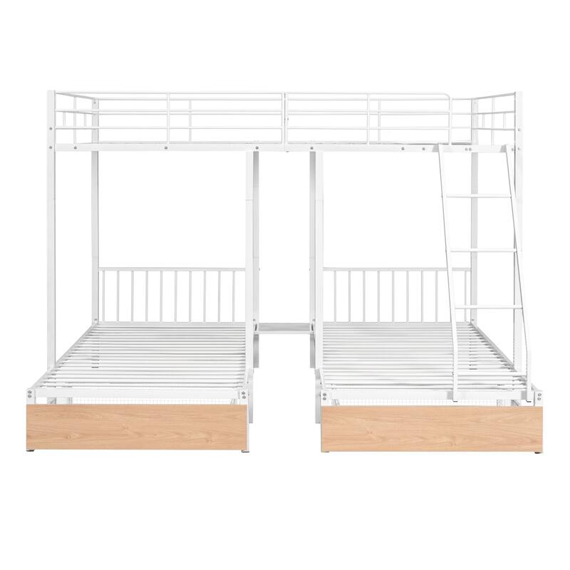 Full Over Twin and Twin Metal Triple Bunk Bed with Two Pull-out Drawers and Guardrails