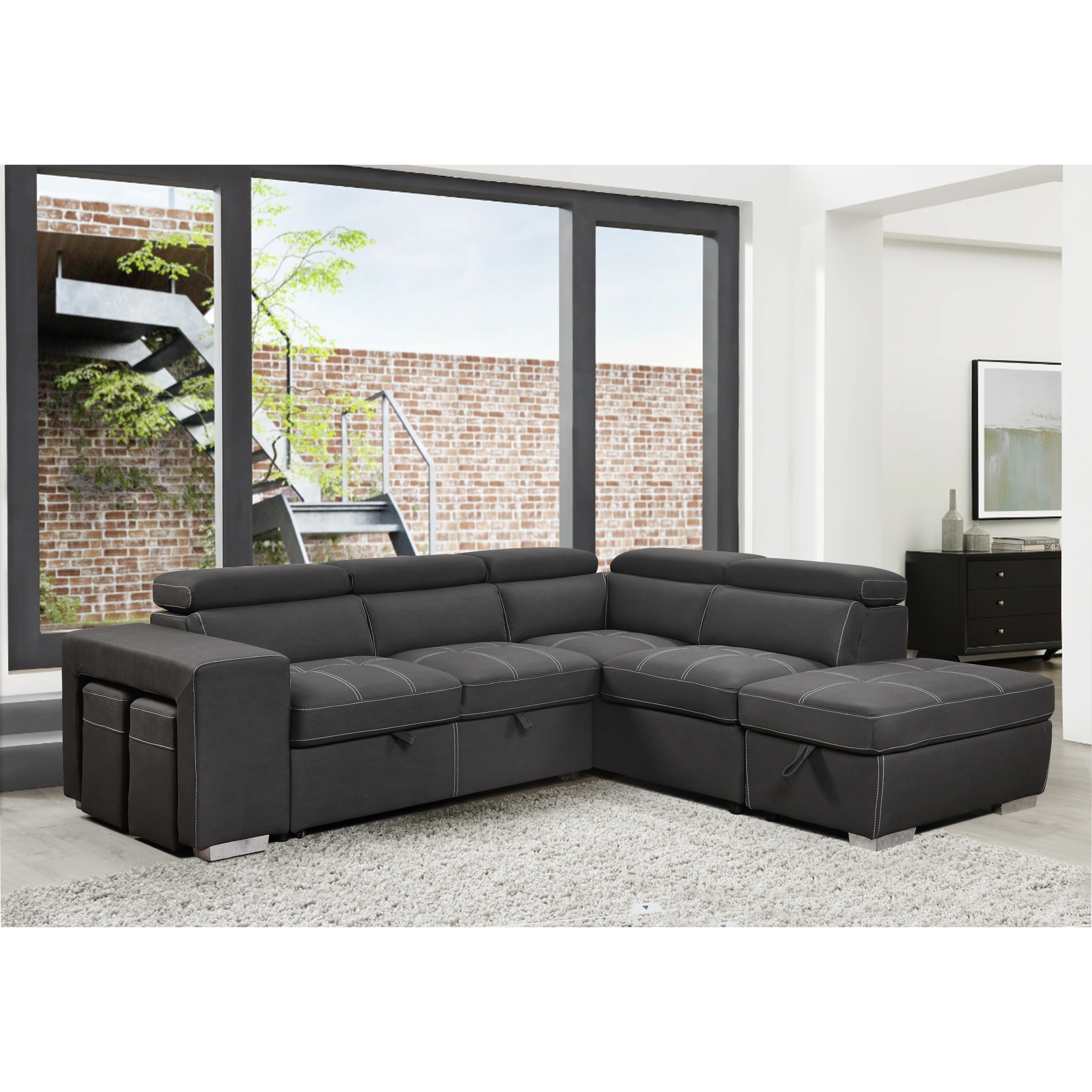 Sectional couch with storage on sale and pull out ottoman