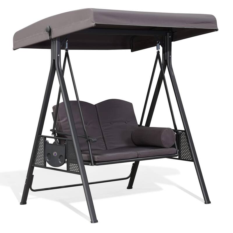 PURPLE LEAF Outdoor Patio Porch Swing with Stand, 2-seat Swing Chair with Adjustable Tilt Canopy All-Weather Steel Frame - Grey Frame - Khaki