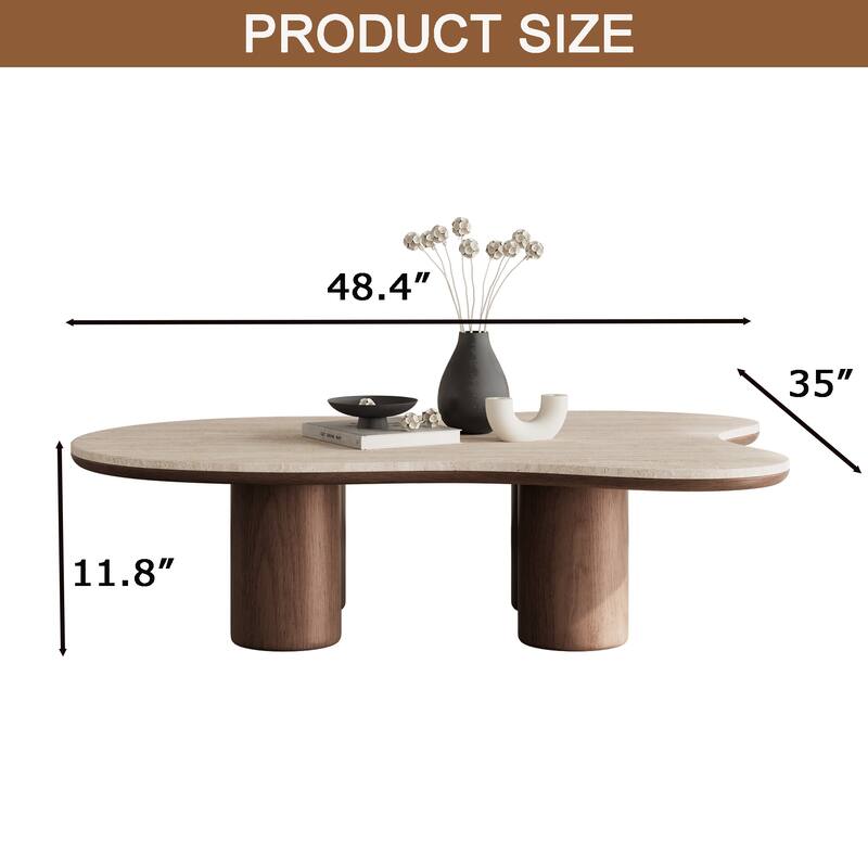 48“ Modern Wood Coffee Table, Matte Stone Top, cloud Shaped