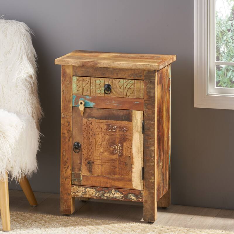 Roomfitters Reclaimed Wood Accent Cabinet with Door and Drawer, Rustic Storage Cabinet with Hand-Carved Detailing