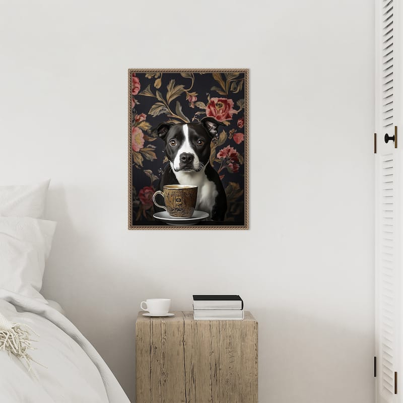 The Refined Staffy Cafe Moment by Mowzu Framed Canvas Wall Art