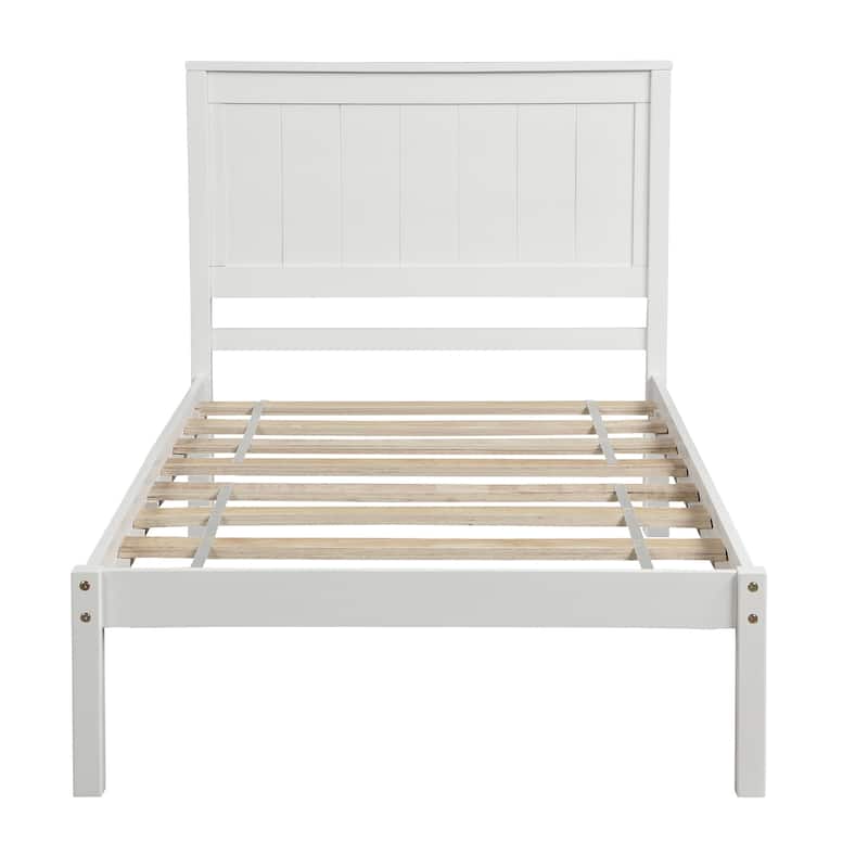 Twin Platform Bed Frame with Headboard, Wood Slat Support, No Box Spring Needed, White