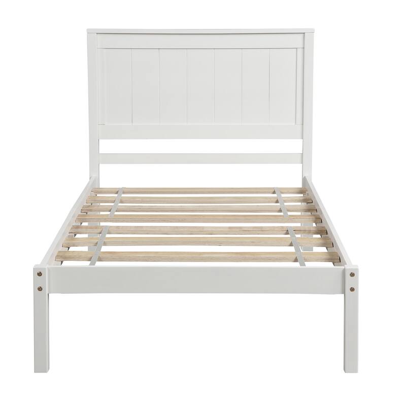 White Twin Pine Platform Bed Frame with Headboard and Storage - No Box Spring Needed
