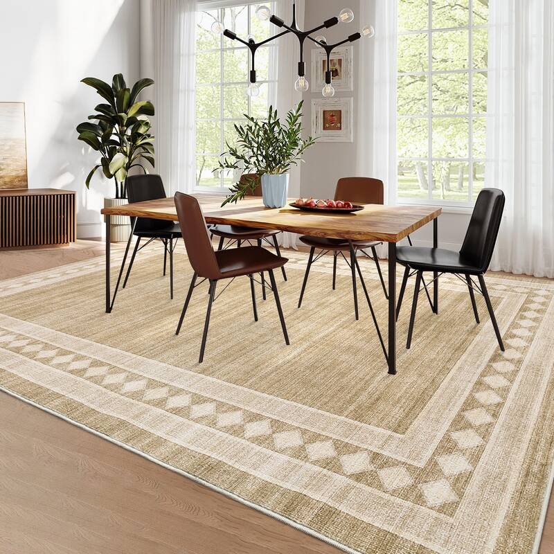 Modern Bordered Rug Non Slip Low Pile Area Rugs for Living Room, Machine Washable Area Rugs Soft Throw Rugs