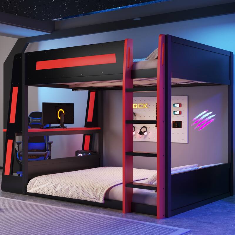 Gaming Bunk Bed with Computer Desk, Storage Shelves, USB Port and LED Strip Lighting, Esports Design, Wooden Gaming Bed