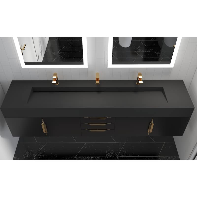 Nile 84-Inch Wall Mounted Bathroom Vanity Set w/ Black Top