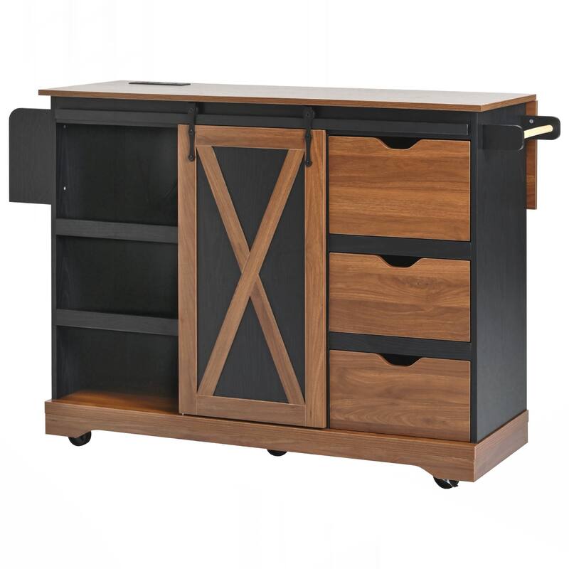 Farmhouse Kitchen Island with Drop Leaf, Kitchen Storage Island with Barn Door, Power Outlet, Rolling Kitchen Cart on Wheels