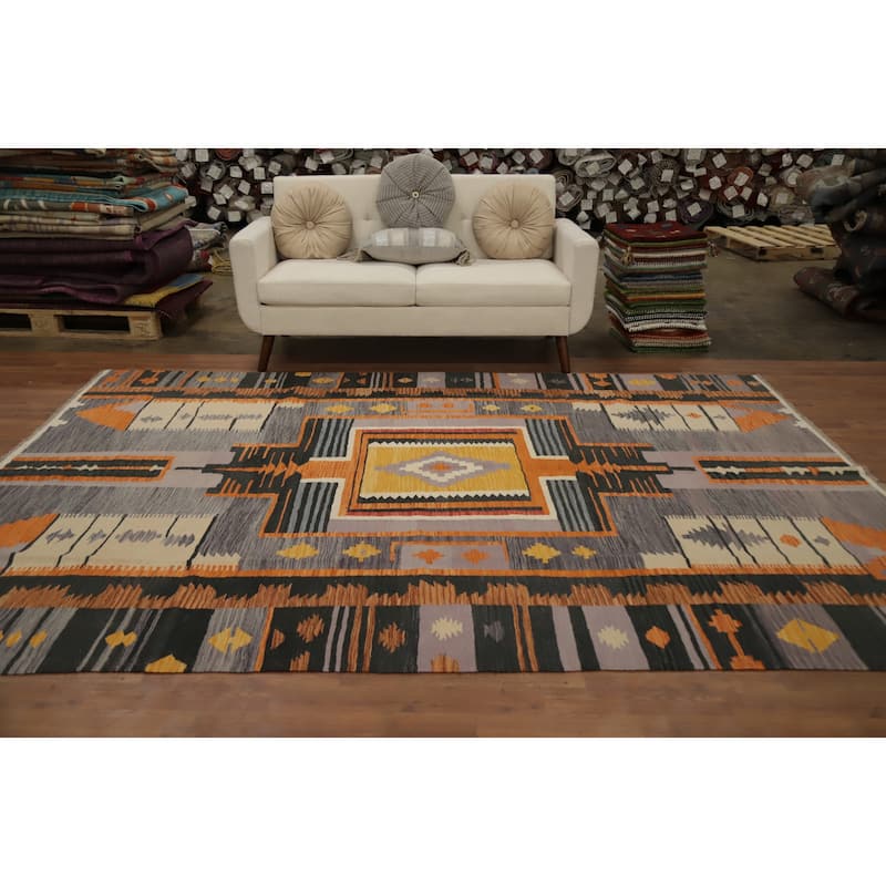 Hand Woven Oriental 100% Wool Carpet Southwestern Tribal Greys & Charcoal Kilim Area Rug - 10' 0'' X 7' 1''