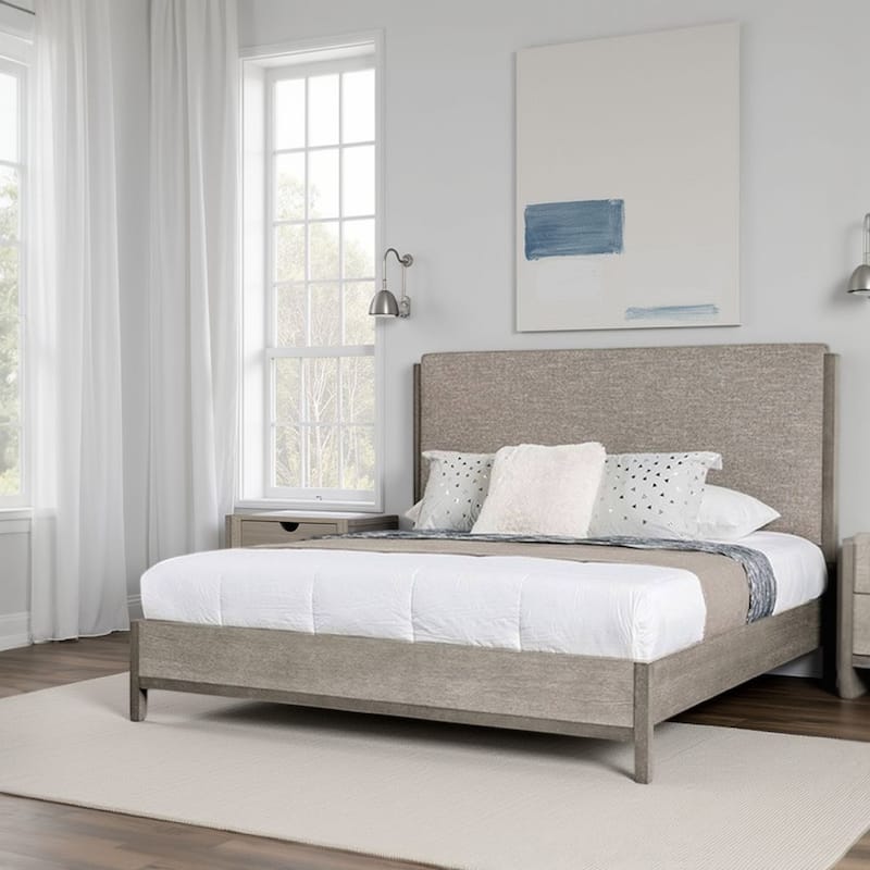 Rizvi King Bed, Upholstered Headboard, Beveled Mirror, Gray Solid Wood