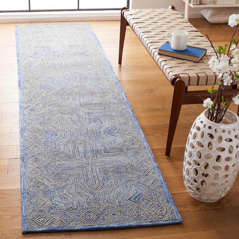 SAFAVIEH Handmade Micro-Loop Joshka Wool Rug - 2'3" x 9' Runner - Blue