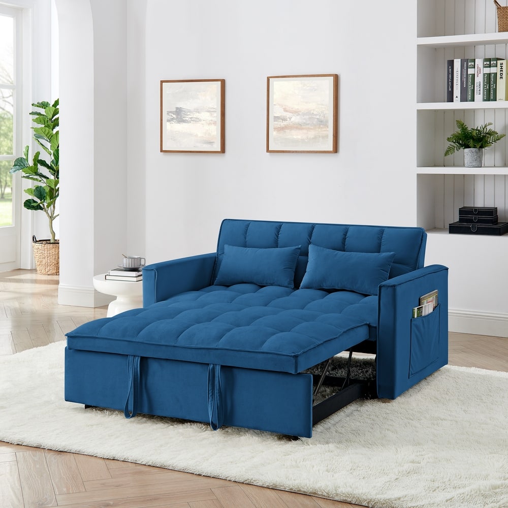 Velvet Foldable Sofa Bed, 3 In 1 Convertible Sofa Bed, Pull Out Couch Bed with Adjustable Backrest, Side Pockets & 2 Pillows