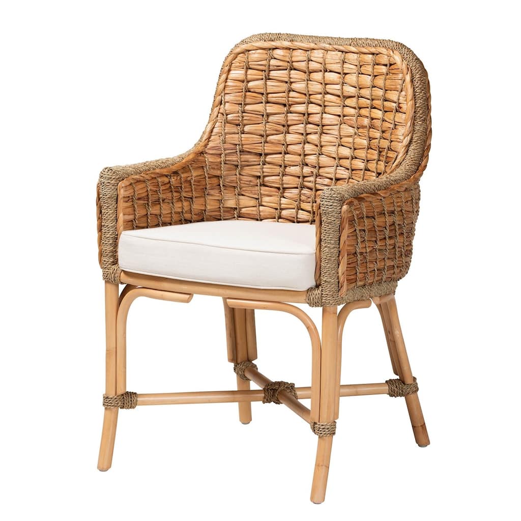 Woven Dining Chair - Natural Brown Armchair with Cushion - Bohemian Coastal Style Seating