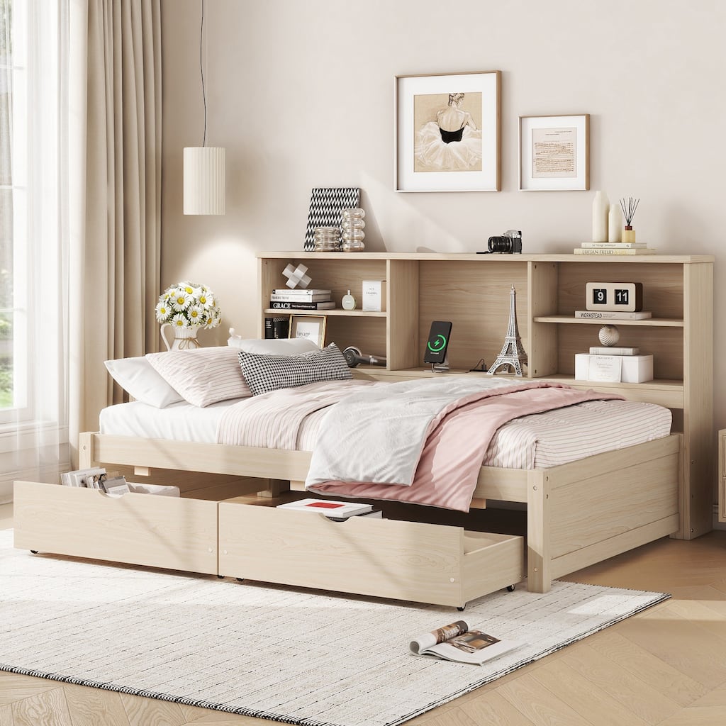 Twin Size Captains Bed Frame Built-in USB Port, Sideboard, Bookcase Guardrail and 2 Drawers, Wooden Storage Bed, Save Space