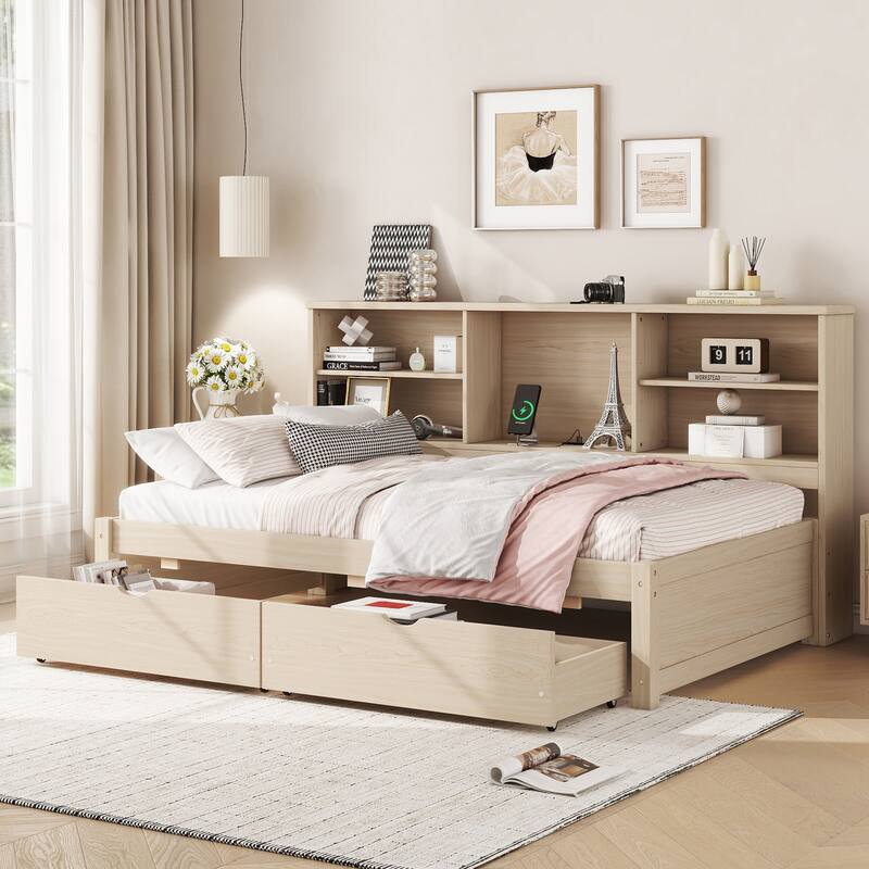 Twin Size Platform Bed with Built-in Bookcase, Adjustable Shelves, USB Charging Station, 2 Storage Drawers