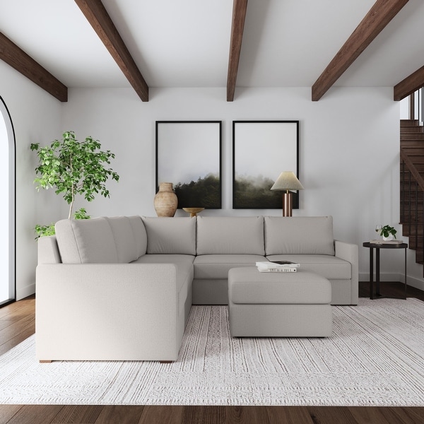 Flex Taupe Fabric 5 Seat Sectional with Narrow Arm and Ottoman