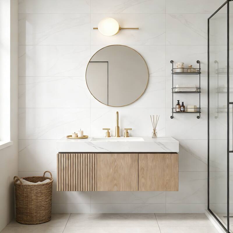 Floating Storage Bathroom Vanity with 3 Pre-drilled Faucet Holes - 48 - Light Brown