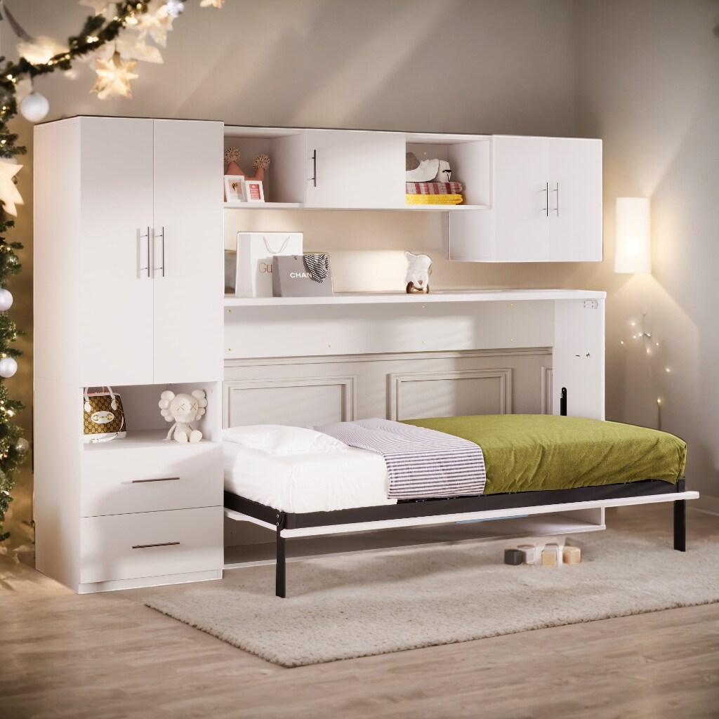 Twin Size Murphy Bed with Open Shelves and Storage Drawers Built in Wardrobe and Table White Bed Bath Beyond 40773088