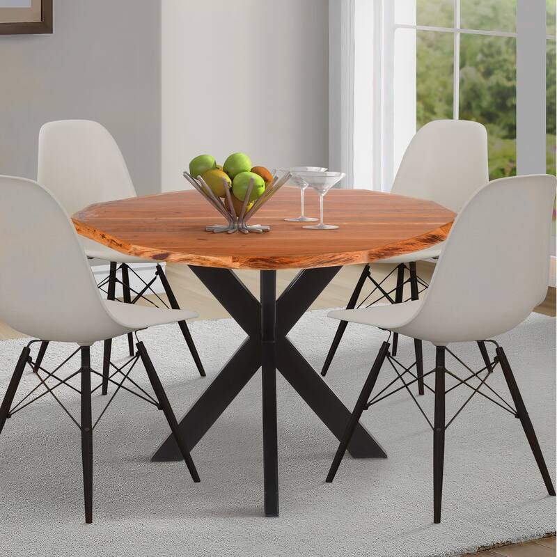 Kuri 41 Inch Handcrafted Live Edge Round Dining Table with a Natural Brown Acacia Wood Top and Black Iron Legs