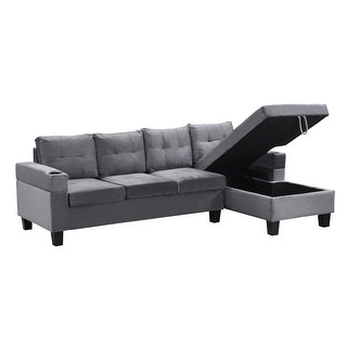 Grey Fabric Sectional Sofa Set L-shape 4 Seater Couch Set with ...
