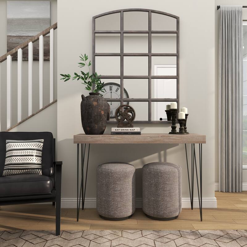 Brown Wood Console Table with Black Metal Hairpin Legs