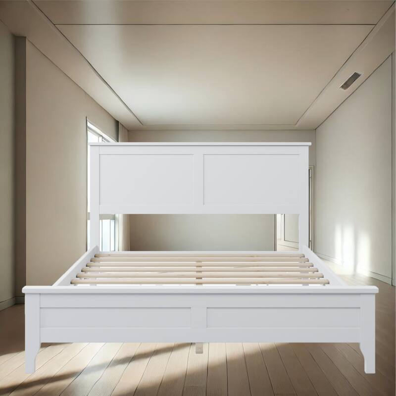 Durable Pine Wood Platform Bed with Slat Design Headboard, Full, Queen, King Options - White - Queen