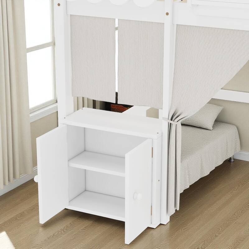 Twin/Full Loft Bed with Bookshelf, Curtain Playhouse, Storage Shelf, Cottage Roof Design and Safety Guardrails for Kids