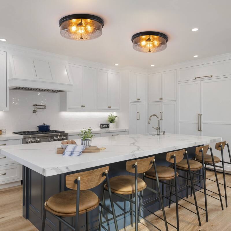 Modern 3-Light Seeded Glass Drum Flush Mount Ceiling Light