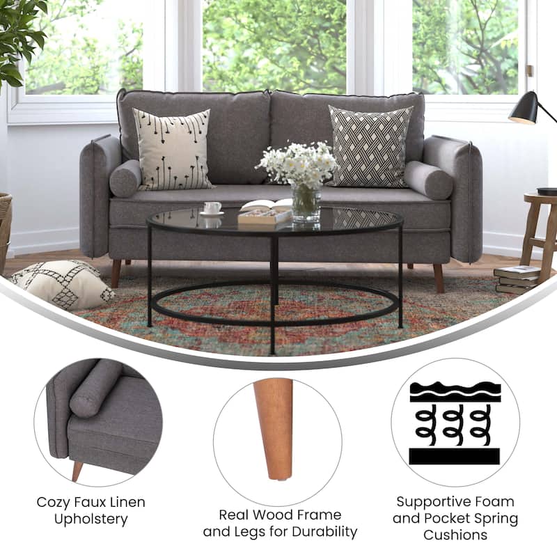 Compact Faux Linen Upholstered Sofa with Wooden Legs