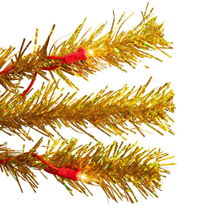 Pre-Lit Pencil Tinsel Artificial Christmas Tree - 6' - Gold - Clear Lights - Red Wire - 6 Foot