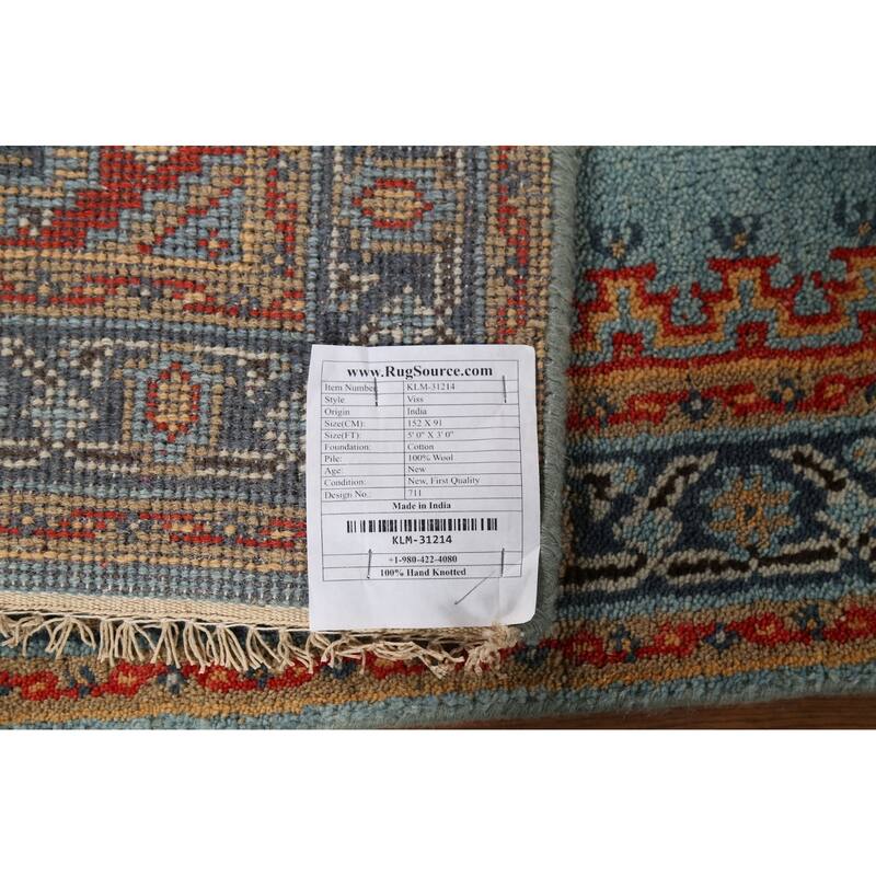Light Blue Geometric Viss Indian Accent Rug Hand-Knotted Wool Carpet - 3'0"x 5'0"