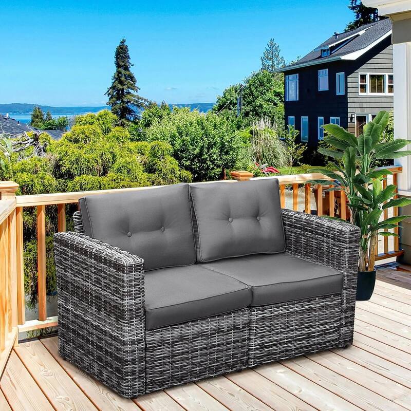 2-Piece PE Rattan Corner Sofa with Curved Armrests and Padded Cushions