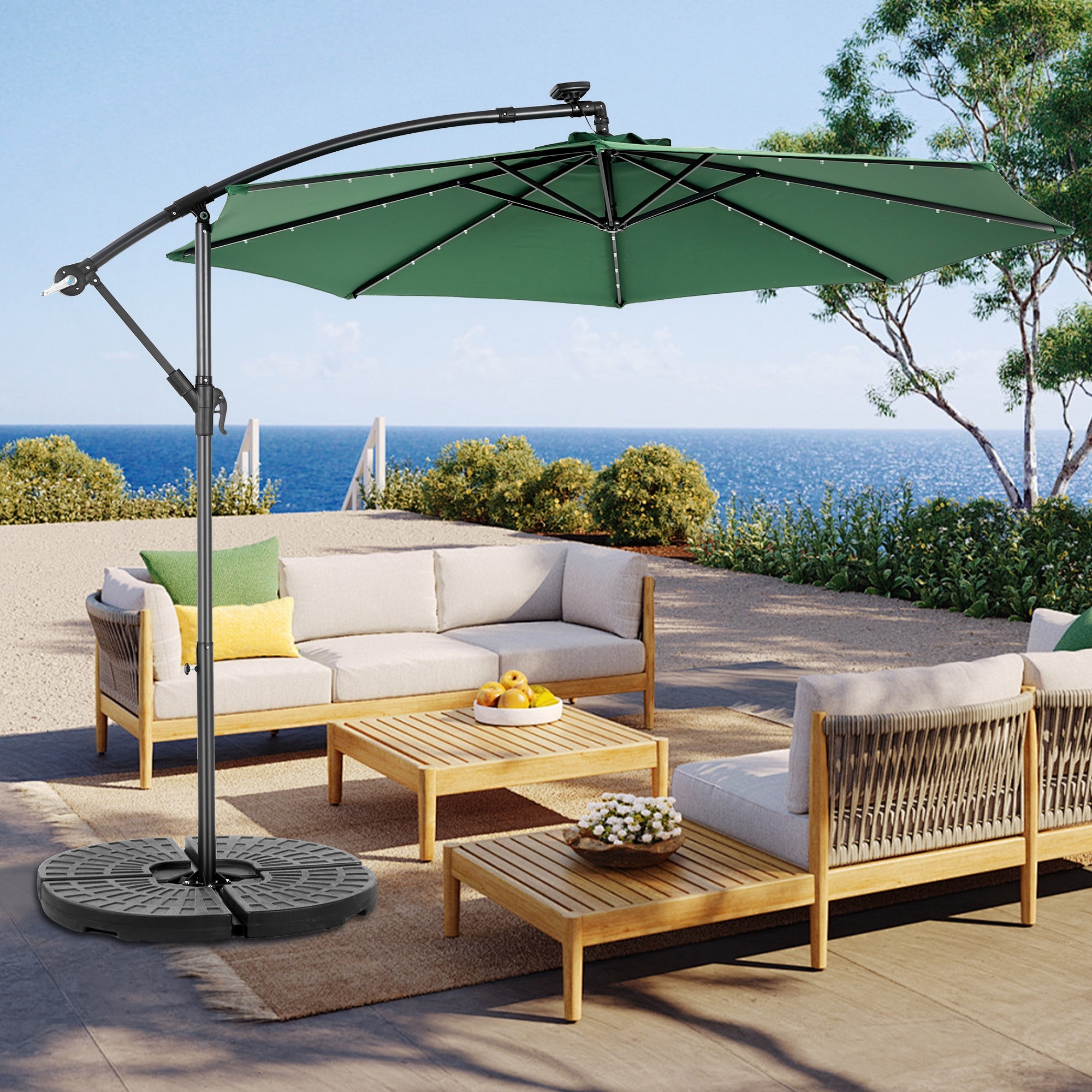 10ft Solar LED Offset Hanging Market Patio Umbrella, Dining Table Umbrella Push Button Tilt(No Base)