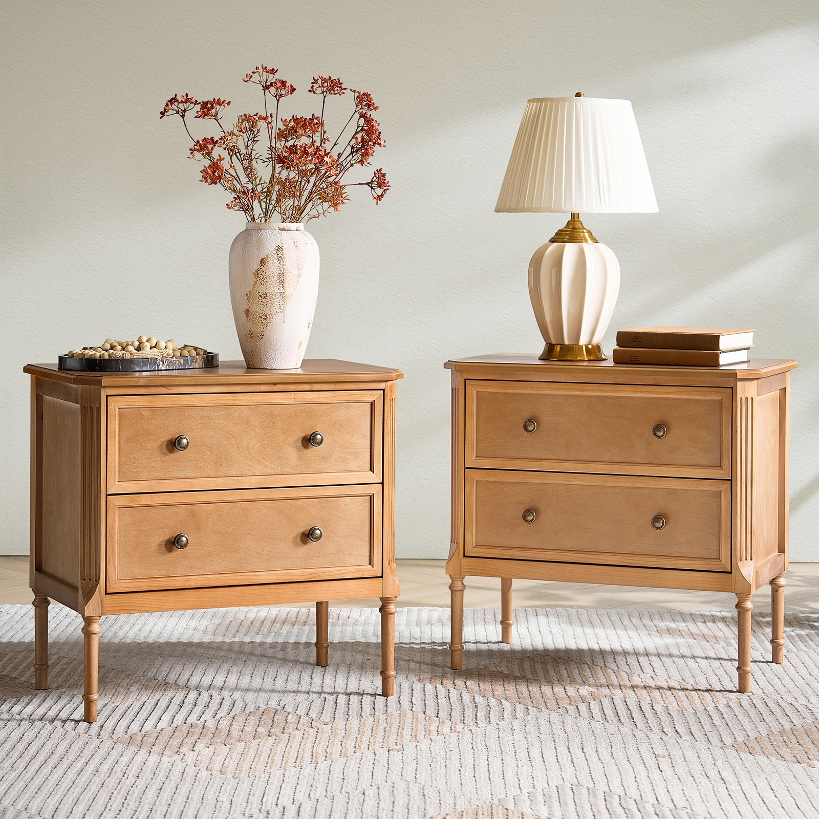 HULALA HOME Vivian Linus Transitional 2-Drawer Solid Wood End Table with Charging Station and MInimal Assembly Set of 2