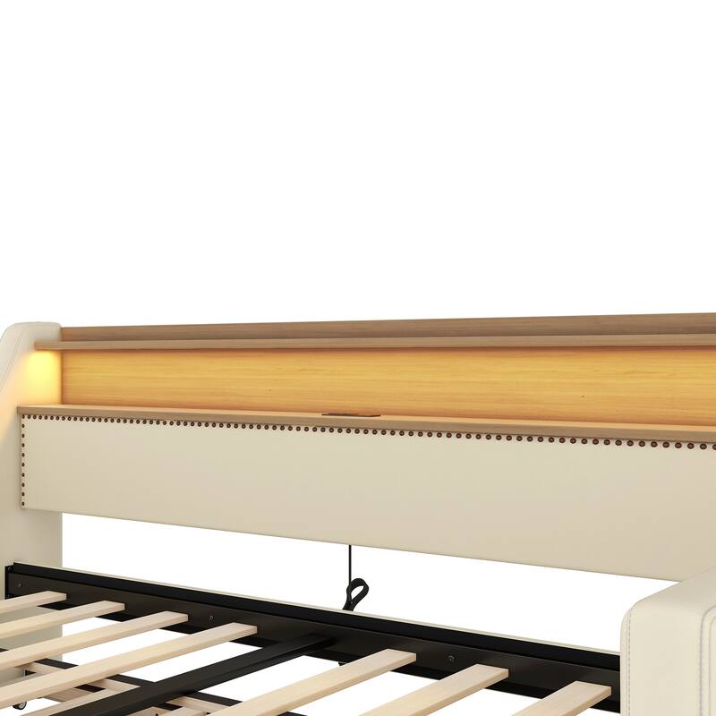 Twin Size Upholstered Daybed with Trundle, Charging Station, and LED Lights, Beige