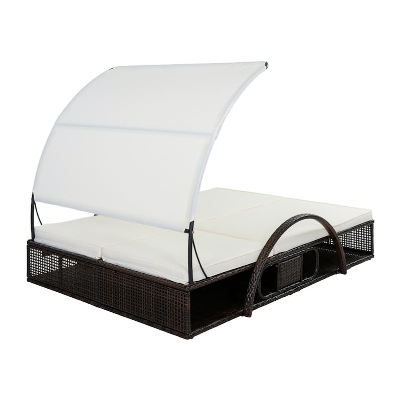 Outdoor Steel Frame Sun Lounger with Adjustable Backrest,Patio Double Sunbed with Hidden Side Table and Arched Armrests