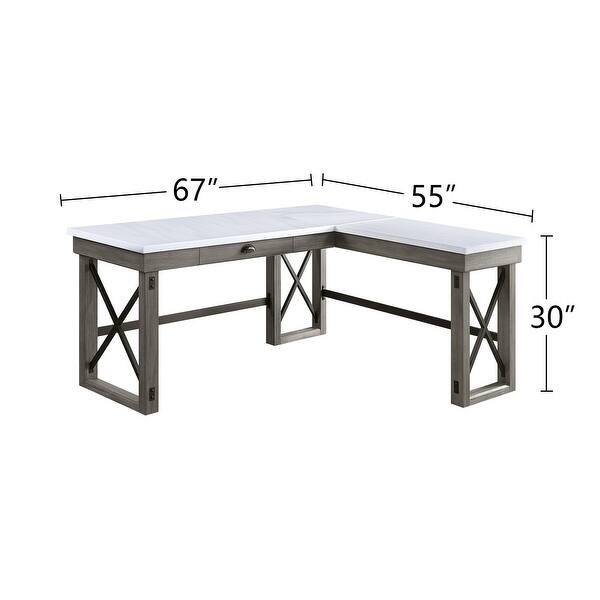 LShape Marble Top Writing Desk with 1 Drawer in Weathered Gray Finish