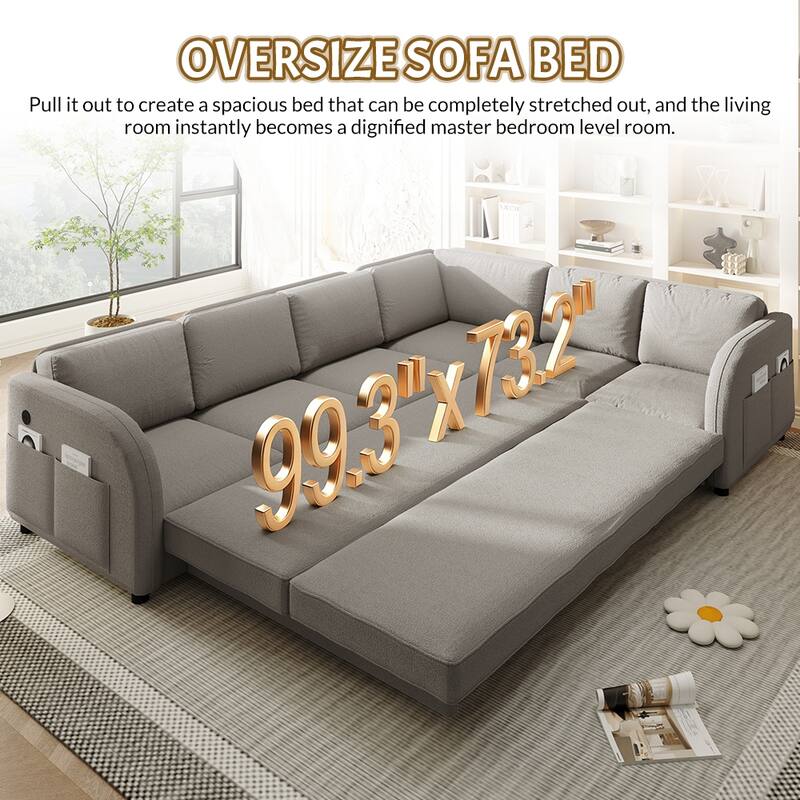 115" L-Shaped Sectional with Pull-Out Bed, USB Ports & Side Pockets, King Size Upholstered Bed